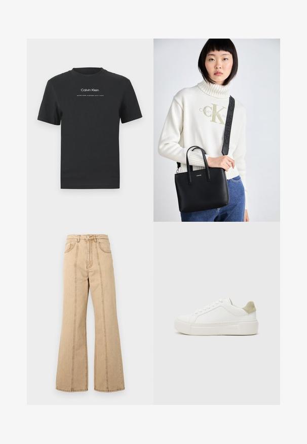 Melna kokvilnas T-kreklā ar apaļu apkakli, īsām piedurknēm un baltu uzdrukātu "Calvin Klein" logotipu un tekstu "Izveidots 1968".; Bežīgas platās bikses ar augstu jostasvietu, piecām kabatām un kontrastējošām šuvēm, kas piešķir papildu detaļas. Kokvilnas audums ar gludu tekstūru.; Balas ar baltu augšdaļu no gludas ādas, gaiši pelēka zamšāda papēdī un masīvu baltu gumijas zoli. Iekļauj šņorēšanas dizainu.; Melna ādas rokassoms ar diviem augšējiem rokturiem un noņemamu plecu siksnu. Priekšpusē ir sudraba logo un gluda tekstūra.