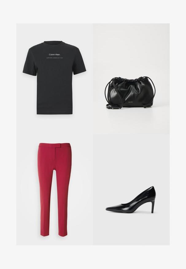 Zwarte katoen T-shirt met een ronde halslijn, korte mouwen en een witte geprinte "Calvin Klein" logo en "Established 1968" tekst.; Rode op maat gemaakte broek met een gladde textuur, slim fit en een platte voorkant. Ontworpen met een smalle tailleband en zonder zichtbare zakken.; Zwarte leren hoge hak met een spitse neus, een gladde textuur en een tapse hak. Minimalistisch ontwerp, geen extra versieringen.; Zwarte leren handtas met geplooid ontwerp, dubbele trekkoordsluiting en afneembare schouderband. Voorzien van metallic logo detail.