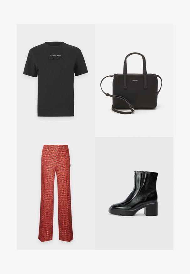 T-shirt en coton noir avec un col rond, des manches courtes, et un logo "Calvin Klein" imprimé en blanc ainsi que le texte "Established 1968".; Pantalon rouge à jambes larges avec un motif en losanges noir et blanc. Le tissu semble lisse; comprend une ceinture et des plis à l'avant.; Bottines en cuir verni noir avec un bout arrondi, des panneaux latéraux en élastique et un talon épais. Comprend un logo embossé à l'arrière.; Sac à main noir avec deux poignées courtes et une bandoulière amovible. Matière lisse semblable à du cuir avec une fermeture éclair et un détail de logo.