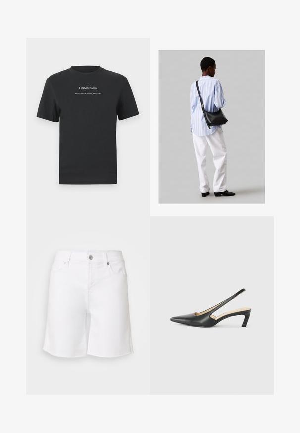 Čierne bavlnené tričko s okrúhlym výstrihom, kratkými rukávmi a bielou potlačou loga "Calvin Klein" a textu "Established 1968".; Biele denimmové šortky s rozstrapkaným lemom, piatimi vreckami a kovovým zapínaním. Vyznačujú sa priliehavým pásom a voľným strihom nohavíc.; Čierne slingback topánky s ostrou špičkou a nízkym opätkom, vyrobené z hladkej kože a s výrezmi na boku pre lepšiu priedušnosť.; Čierna kožená ramenná taška so mäkkou textúrou, trojuholníkovým tvarom a nastaviteľným popruhom, skombinovaná s svetlomodrou pruhovanou košeľou a bielymi nohavicami.