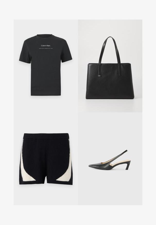 Črna bombažna majica s krožnim izrezom, kratkimi rokavi in belim potiskanjem logotipa "Calvin Klein" ter besedilom "Ustanovljen 1968".; Pletene kratke hlače v črni barvi z kontrastnimi kremnimi geometrijskimi vzorci na straneh. Imajo rebrast pas in mehko teksturo.; Črne čevlje s koničastimi nosovi in slingback obliko z nizko peto, izdelane iz gladke usnjene materiale ter s črtasto zasnovo na strani za prezračevanje.; Črna usnjena torba s two dolgimi ročaji, pravokotne oblike, teksturirane površine in minimalističnega dizajna. Brez vidne strojne opreme ali dodatkov.