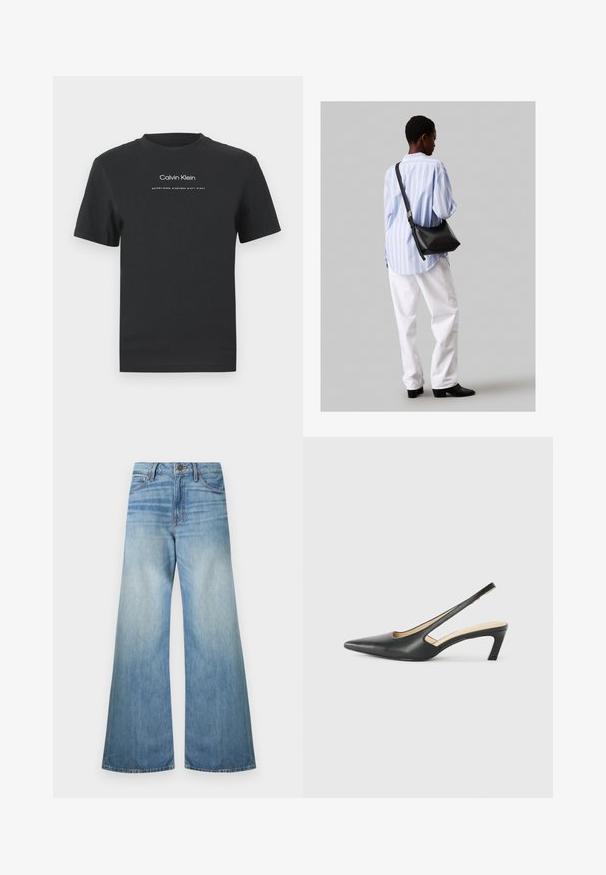Musta puuvillainen T-paita, jossa on pyöreä pääntie, lyhyet hihat ja valkoinen painettu "Calvin Klein" -logo sekä "Established 1968" -teksti.; Vaaleansinisiä, leveälahkeisia farkkuja, joissa on tavallinen vetoketju, viisi taskua ja haalistunut pinta hienovaraisilla kulutustyyleillä.; Musta, kärjeltään terävä slingback-kengä, jossa on matala korko. Kengässä on sileä nahkamateriaali ja sivuilla leikkaukset hengittävyyttä varten.; Musta nahkainen olkalaukku, jossa on pehmeä rakenne, kolmion muoto ja säädettävä hihna, yhdistettynä vaaleansiniseen raidalliseen paitaan ja valkoisiin housuihin.