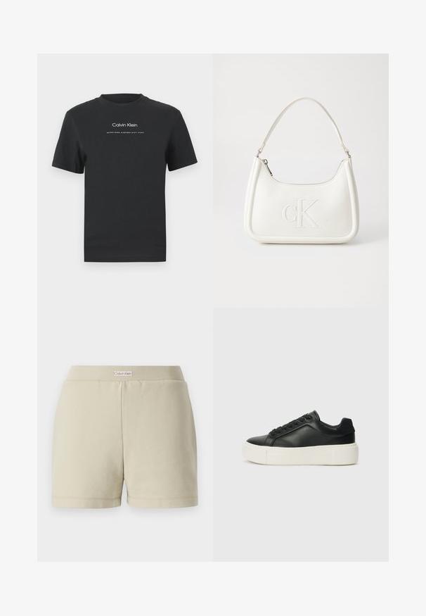 Melna kokvilnas T-kreklā ar apaļu apkakli, īsām piedurknēm un baltu uzdrukātu "Calvin Klein" logotipu un tekstu "Izveidots 1968".; Bežīgas kokvilnas šorti ar ribotām jostasvietām. Priekšpusē ir diskrēta logo birka. Taisna griezuma ar apgrieztām malām un gludu tekstūru.; Melnas ādas kedas ar noapaļotu pirkstu, baltu platformas zoli un melnām auklām. Iespējams, satur diskrētu logo uz papēža un gludu tekstūru.; Balta ādas rokassoma ar noapaļotu formu, uz kuras priekšpuses ir izgriezts "CK" logo un viena plecu siksna. Augšā aizverama ar rāvējslēdzēju.