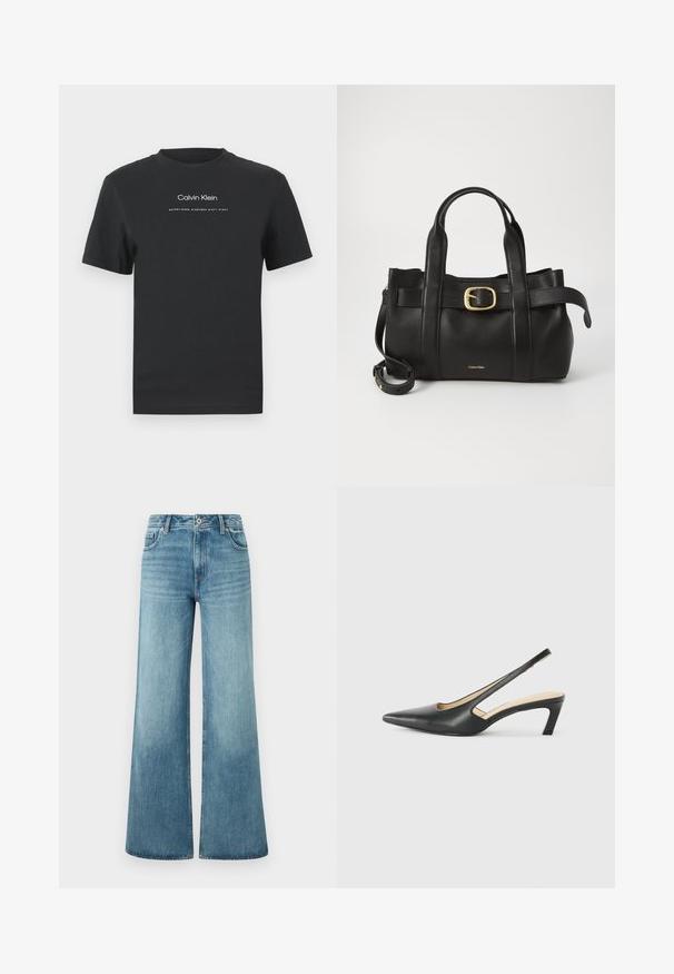 Μαύρη βαμβακερή μπλούζα T-shirt με στρογγυλή λαιμόκοψη, κοντά μανίκια και λευκό εκτυπωμένο λογότυπο "Calvin Klein" καθώς και κείμενο "Established 1968".; Ανοιχτό μπλε παντελόνι τζιν σε είδος καμπάνα, φτιαγμένο από τζιν ύφασμα, με ψηλή μέση, πεντάτσεπτη σχεδίαση και ελαφριά φθορά στα πόδια.; Μαύρο παπούτσι slingback με αιχμηρή μύτη και χαμηλό τακούνι, κατασκευασμένο από λείο δέρμα με σχέδιο κοπής στη πλευρά για αερισμό.; Μαύρη δερμάτινη τσάντα με δομημένο σχέδιο, διπλούς επάνω χειρολαβές, χρυσή αγκράφα διακόσμηση και ανάγλυφο λογότυπο μπροστά.