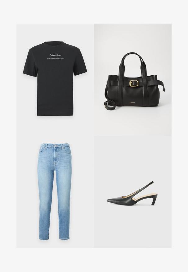 Must musta T-särk, millel on ümmargune kaelus, lühikesed varrukad ja valge trükitud "Calvin Klein" logo ning tekst "Asutatud 1968".; Heledad hallid denim püksid, kitsas lõikega, viie taskuga disain, vööde jaoks silmad ja eesnuppude sulgemine. Sile tekstuur kerge kulumisega.; Must mustaga, terav varvas, madala kontsaga sildiga king, mis on valmistatud siledast nahast ja mille küljel on lõike disain hingavuse tagamiseks.; Must mustraga nahkakott, millel on struktureeritud disain, kaks ülemist kanda, kuldse tooni pandla aktsent ja esiküljel embosseeritud brändi logo.