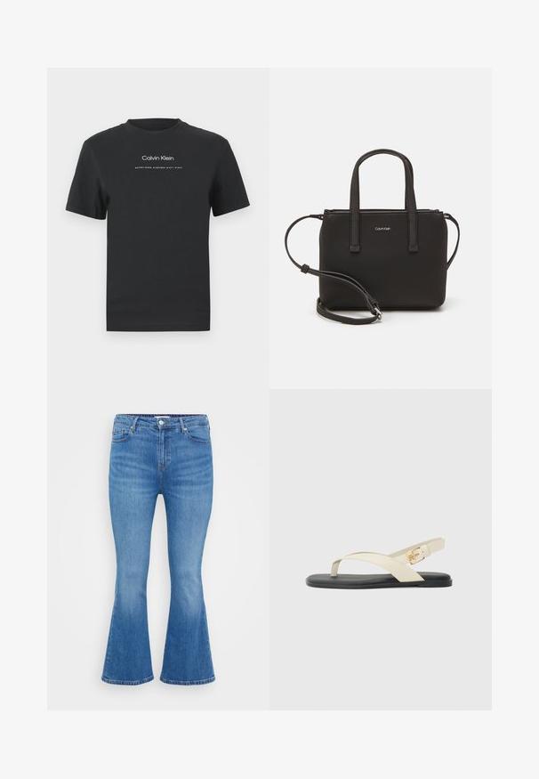 Must musta T-särk, millel on ümmargune kaelus, lühikesed varrukad ja valge trükitud "Calvin Klein" logo ning tekst "Asutatud 1968".; Heledad sinine teksarihm, millel on kõrge vöökoht, viis taskut ja klassikaline nööp sulgemine. Sile tekstuur koos peene tuhmimisega.; Lamedega jalatsid musta tallaga. Ülemine osa sisaldab beezide ristrihmadega ja kuldse pandlaga pahkluuri rihmal. Sile tekstuur.; Musthave mustrans vöö ja eemaldatav õlarihm. Gludike nahk siledaga, millel on tõmblukk ja logo detail.