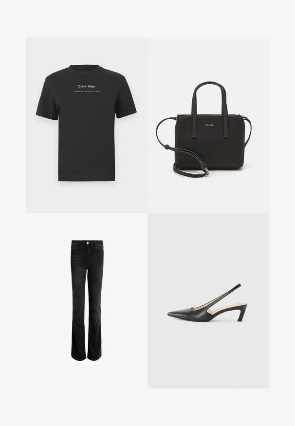 Černé bavlněné tričko s kulatým výstřihem, krátkými rukávy a bílým potiskem loga "Calvin Klein" a textem "Established 1968".; Černé rozšířené džíny vyrobené z denimu, s vysokým pasem, pěti kapsami a stříbrným zapínáním. Hladká struktura s jemným blednutím.; Černý špičatý slingback s nízkým podpatkem, vyrobený z hladké kůže, s výřezem na boku pro lepší prodyšnost.; Černá kabelka s dvojitými krátkými uchy a odnímatelným ramenním popruhem. Hladký koženkový materiál s uzávěrem na zip a detailem loga.