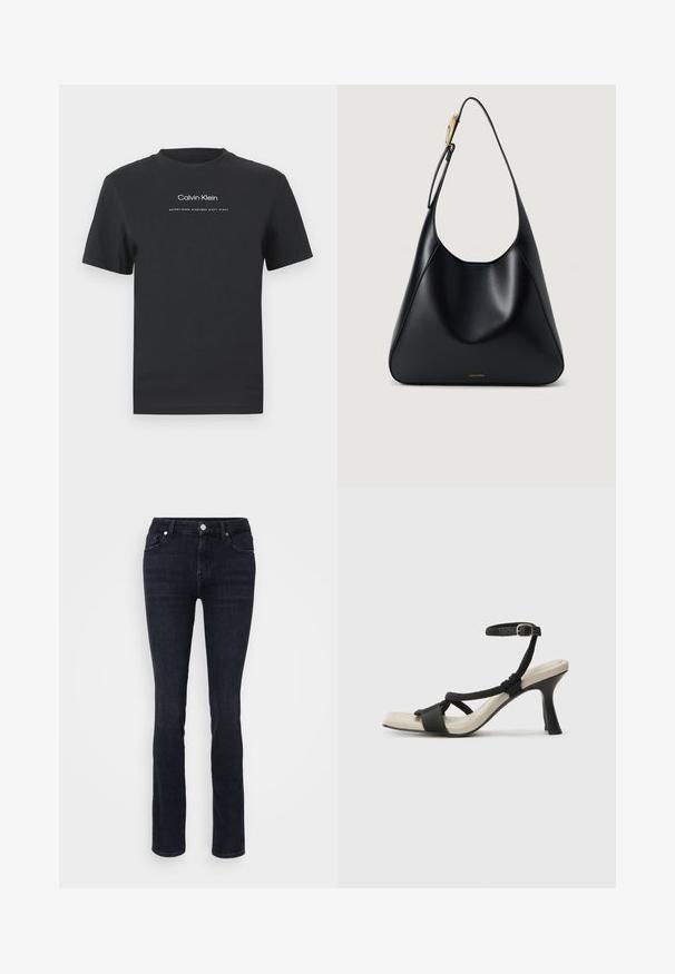 Black cotton T-shirt with a crew neckline, short sleeves, and white printed "Calvin Klein" logo and "Established 1968" text.; Dark blue straight-leg jeans made of denim, featuring five pockets, a button closure, and minimal stitching detail.; Black heeled sandal with braided strap design, square toe, and adjustable ankle strap. Light beige footbed with a glossy black heel.; Black leather shoulder bag with a smooth texture, curved silhouette, and a gold hardware accent. Features embossed brand logo at the base.