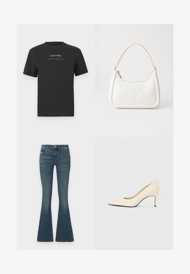 Črna bombažna majica s krožnim izrezom, kratkimi rokavi in belim potiskanjem logotipa "Calvin Klein" ter besedilom "Ustanovljen 1968".; Užane modre kavbojke iz denima, ki imajo srednje visok pas, sprednje žepke in rahlo zbledenje ob nogah. Klasičen petžepni stil.; Beli usnjeni čevlji s peto in ostrim nosom, gladka tekstura ter črn podplat. Klasičen dizajn z zmerno višino pete.; Bela usnjena torbica s ukrivljeno obliko, ki na sprednji strani nosi vžgano logo "CK" in ima eno naramnico. Zadrga za zapiranje na vrhu.