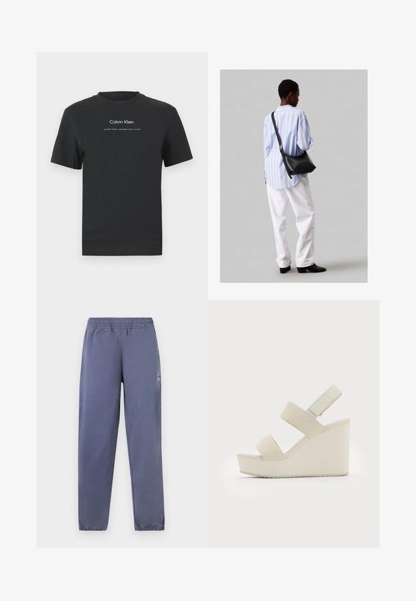 Melna kokvilnas T-kreklā ar apaļu apkakli, īsām piedurknēm un baltu uzdrukātu "Calvin Klein" logotipu un tekstu "Izveidots 1968".; Pelēki treniņbikšu izstrādājumi ar elastīgu jostu, ar kājām, kas ir sašaurinātas pie potītēm, un mazu logo detaļu malā; izgatavoti no gludas, vieglas auduma.; Bēša krāsas wedge sandales ar divām platām siksnām un sašaurinātu papēdi. Izgatavotas no gludas auduma ar teksturētu zoli. Logotips iegravēts papēdī.; Melna ādas plecu soma ar mīkstu tekstūru, trīsstūra formu un regulējamu siksnu, apvienota ar gaiši zilu svītrotu krekli un baltām biksēm.