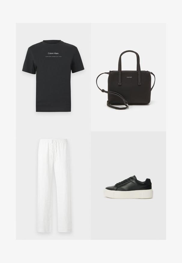 Crna pamučna majica s okruglim izrezom, kratkim rukavima i bijelim otisnutim logotipom "Calvin Klein" te tekstom "Osnovano 1968."; Bijele lanene hlače s opuštenim krojem, elastičnom trakom za podešavanje u struku i ravnim nogavicama; glatka tekstura i lagani materijal.; Crne kožne tenisice sa zaobljenim vrhom, bijelom platformom i crnim vezicama. Imaju suptilan logo na peti i glatku teksturu.; Crna torba s dva kratka ručka i uklonjivom naramenicom. Glatki materijal nalik koži s zatvaračem na zatvaranje i detaljem s logom.