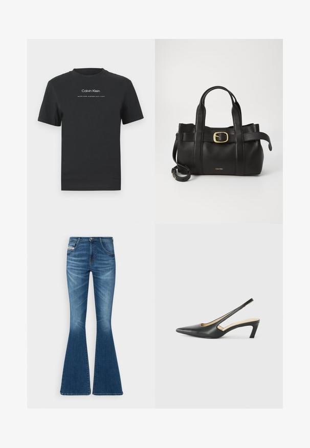 Camiseta de algodón negra con cuello redondo, mangas cortas y logo impreso en blanco de "Calvin Klein" junto con el texto "Establecido en 1968".; Jeans acampanados en denim azul medio, con una cintura alta, diseño de cinco bolsillos y sutiles detalles de desvanecimiento en los muslos.; Zapato negro de punta afilada tipo slingback con un tacón bajo, que presenta un material de cuero suave y un diseño recortado en el lateral para mayor transpirabilidad.; Bolso de cuero negro con un diseño estructurado, doble mango superior, detalle de hebilla en tono dorado y logo de la marca grabado en la parte frontal.