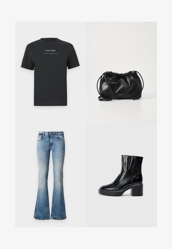 Černé bavlněné tričko s kulatým výstřihem, krátkými rukávy a bílým potiskem loga "Calvin Klein" a textem "Established 1968".; Světlé modré zvonové džíny z džínoviny s bledým ombré, pěti kapsami a poutky na opasek, s knoflíkem a zipem na uzavření.; Černé lakované kotníkové boty s zakřivenou špičkou, elastickými bočními panely a robustním blokovým podpatkem. Na zadní straně se nachází embosované logo.; Černá kožená kabelka s nařaseným designem, dvojitým stahovacím uzávěrem a odnímatelným ramenním popruhem. Obsahuje detail s metalickým logem.