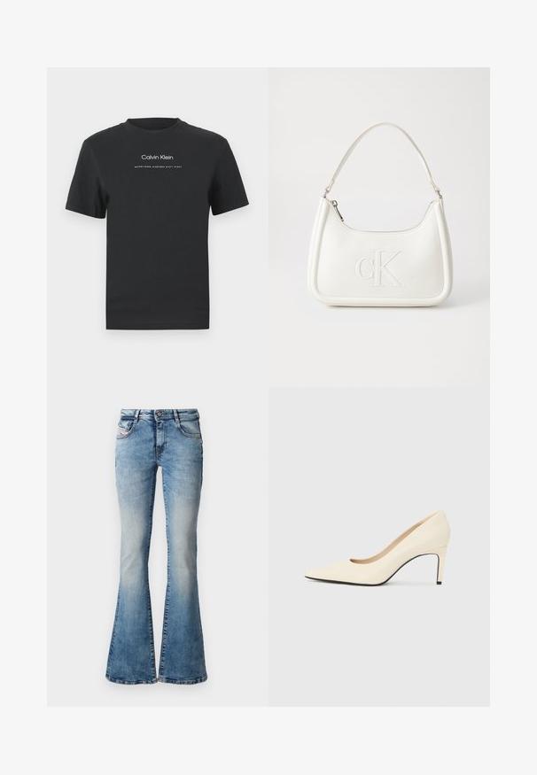 Camiseta de algodón negra con cuello redondo, mangas cortas y logo impreso en blanco de "Calvin Klein" junto con el texto "Establecido en 1968".; Jeans de mezclilla de corte acampanado en azul claro con un lavado desvaído, cinco bolsillos y pasadores para el cinturón, con cierre de botón y cremallera.; Zapato de tacón alto de cuero blanco con punta afilada, textura suave y acento de suela negra. Diseño clásico con una altura de tacón moderada.; Bolso de mano de cuero blanco con forma curvada, con un logo "CK" en relieve en la parte delantera y una sola correa para el hombro. Cierre de cremallera en la parte superior.