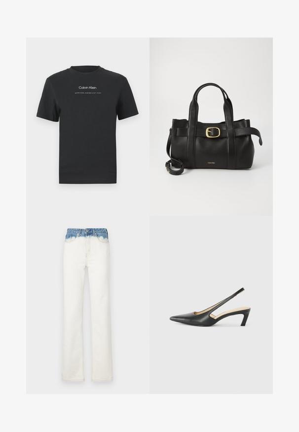 Juodas medvilninis marškinėliai su apvaliu kaklu, trumpomis rankovėmis ir baltu spausdintu "Calvin Klein" logotipu bei tekstu "Įkurtas 1968".; Platus kojų džinsai su balta viršūne ir mėlynu gradientiniu džinsiniu juosmeniu, turi užtrauktuką, penkias kišenes ir subtilius siuvinėjimo elementus.; Juodas smailus slingback batelis su žemu kulnu, pagamintas iš lygaus odos paviršiaus ir su išpjovomis šone, užtikrinančiomis oro pralaidumą.; Juodas odinis rankinės maišas su struktūrizuotu dizainu, dviem viršutinėmis rankenomis, auksinės spalvos sagtimi ir iškilniu prekės ženklu priekyje.