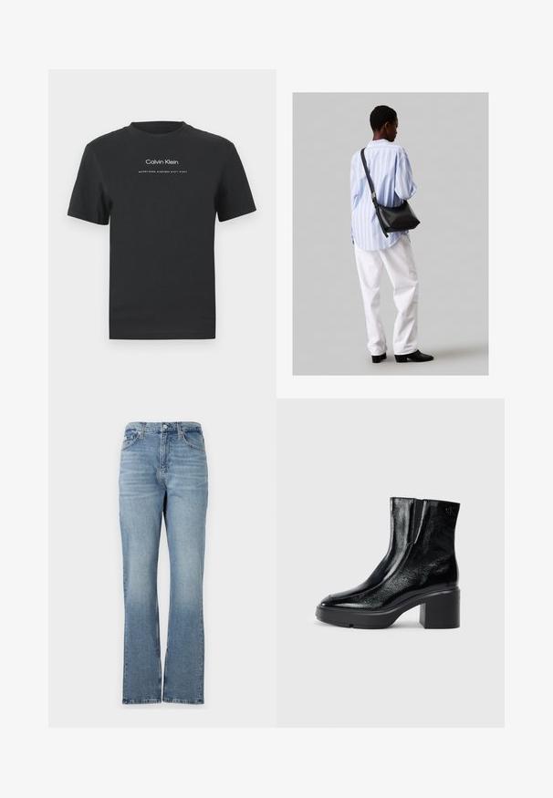Μαύρη βαμβακερή μπλούζα T-shirt με στρογγυλή λαιμόκοψη, κοντά μανίκια και λευκό εκτυπωμένο λογότυπο "Calvin Klein" καθώς και κείμενο "Established 1968".; Ανοιχτό μπλε τζιν παντελόνι με ίσια γραμμή, πέντε τσέπες, θηλιές για ζώνη και φερμουάρ. Το ύφασμα έχει μια διακριτική υφή.; Μαύρες πατενταρισμένες δερμάτινες μπότες στον αστράγαλο με καμπυλωτή μύτη, ελαστικές πλαϊνές πινακίδες και χοντρό μπλοκ τακούνι. Διαθέτουν ανάγλυφο λογότυπο στο πίσω μέρος.; Μαύρη δερμάτινη τσάντα ώμου με απαλή υφή, τριγωνικό σχήμα και ρυθμιζόμενο λουρί, συνδυασμένη με ένα ανοιχτό μπλε ριγέ πουκάμισο και λευκό παντελόνι.