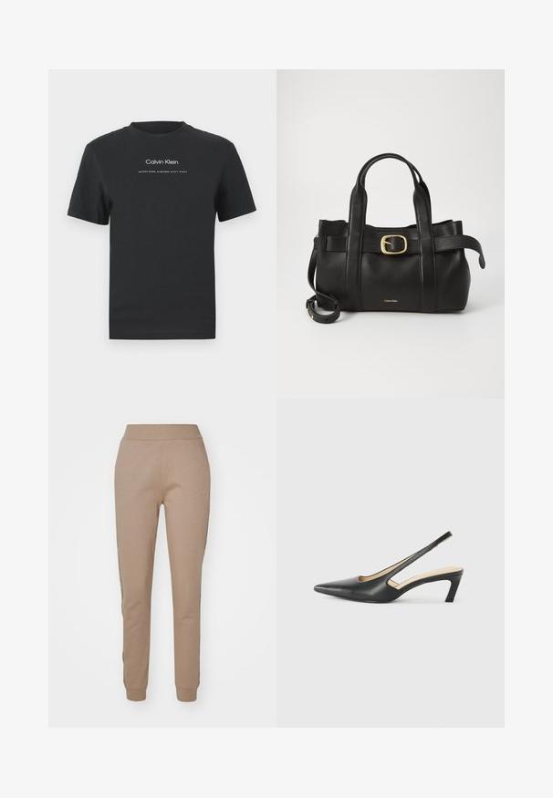 Black cotton T-shirt with a crew neckline, short sleeves, and white printed "Calvin Klein" logo and "Established 1968" text.; Beige sweatpants made of soft fabric with a tapered fit, featuring elastic waistband and cuffs, and subtle logo detail on the side.; Black pointy-toed slingback shoe with a low heel, featuring smooth leather material and cut-out design on the side for breathability.; Black leather handbag featuring a structured design, dual top handles, gold-tone buckle accent, and embossed brand logo at the front.