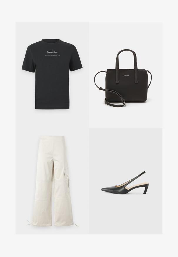 Černé bavlněné tričko s kulatým výstřihem, krátkými rukávy a bílým potiskem loga "Calvin Klein" a textem "Established 1968".; Beige široké kalhoty vyrobené z lehkého materiálu, s cargo kapsami a nastavitelnými tkaničkami na dolním okraji pro přizpůsobitelný střih.; Černý špičatý slingback s nízkým podpatkem, vyrobený z hladké kůže, s výřezem na boku pro lepší prodyšnost.; Černá kabelka s dvojitými krátkými uchy a odnímatelným ramenním popruhem. Hladký koženkový materiál s uzávěrem na zip a detailem loga.