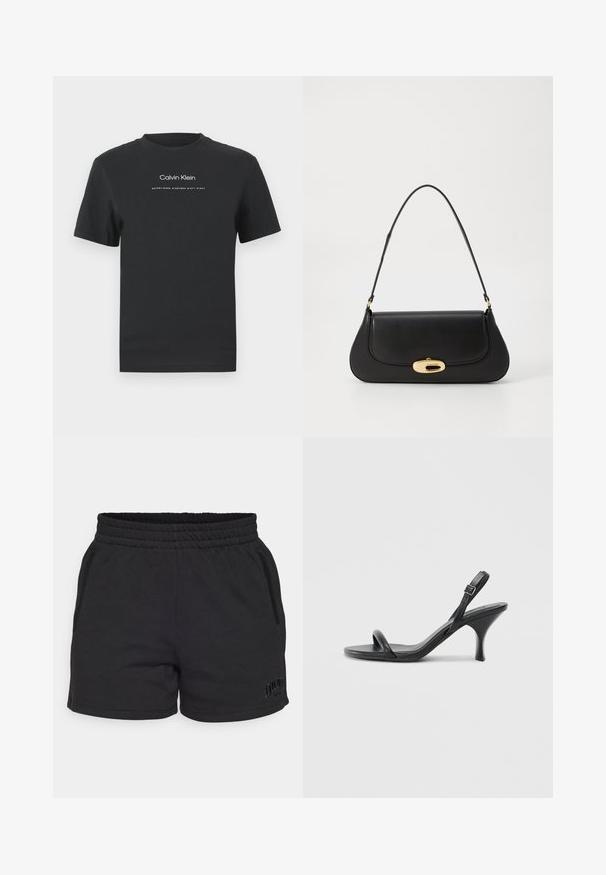 Juodas medvilninis marškinėliai su apvaliu kaklu, trumpomis rankovėmis ir baltu spausdintu "Calvin Klein" logotipu bei tekstu "Įkurtas 1968".; Juodi medvilniniai sportiniai šortai su elastingu diržu, dviem šoninėmis kišenėmis ir subtiliu DKNY ženklinimu apatiniame kairiajame krašte.; Juodos odinės aukštakulnės šlepetės su plonu, kreiviu kulnu ir kryžminiu dirželio dizainu. Reguliuojamas kulkšnies dirželis. Lygus paviršius.; Juodas odinis rankinės su išlenktu dizainu, auksinių atspalvių furnitūra ir viršutine rankena. Savybės - stilingas uždarymas ir glotni tekstūra.