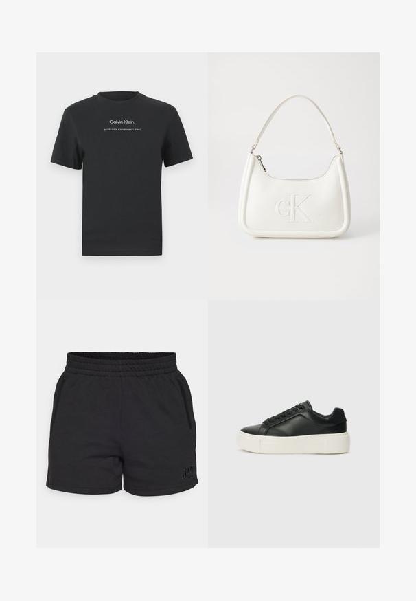 Μαύρη βαμβακερή μπλούζα T-shirt με στρογγυλή λαιμόκοψη, κοντά μανίκια και λευκό εκτυπωμένο λογότυπο "Calvin Klein" καθώς και κείμενο "Established 1968".; Μαύρα βαμβακερά αθλητικά σορτς με ελαστική μέση, δύο πλάγιες τσέπες και διακριτική επωνυμία DKNY στο κάτω αριστερό άκρο.; Μαύρο δερμάτινο sneaker με στρογγυλή μύτη, λευκή πλατφόρμα και μαύρους κορδόνες. Διαθέτει ένα διακριτικό λογότυπο στη φτέρνα και λεία υφή.; Λευκή δερμάτινη τσάντα χειρός με καμπυλωτό σχήμα, διαθέτει ανάγλυφο λογότυπο "CK" μπροστά και μία ενιαία λαβή ώμου. Κλείσιμο με φερμουάρ στην κορυφή.
