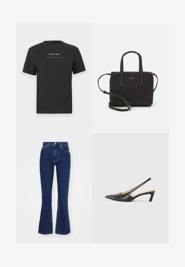 Black cotton T-shirt with a crew neckline, short sleeves, and white printed "Calvin Klein" logo and "Established 1968" text.; Dark blue flared jeans made from denim, featuring a high waist, zip and button closure, and five pockets with a slight whiskering effect.; Black pointy-toed slingback shoe with a low heel, featuring smooth leather material and cut-out design on the side for breathability.; Black handbag with dual short handles and a removable shoulder strap. Smooth leather-like material with a zip closure and logo detail.