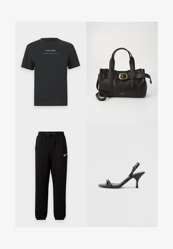 T-shirt de algodão preto com decote redondo, mangas curtas e logotipo "Calvin Klein" impresso em branco, acompanhado do texto "Established 1968".; Calças de treino pretas feitas de tecido macio, com cintura elástica ajustável por cordão, pernas afuniladas e um pequeno logotipo branco lateral.; Sandálias de salto alto em couro preto com um salto curvado e fino e um design de tiras cruzadas. Correia ajustável no tornozelo. Textura suave.; Bolsa de couro preto com um design estruturado, alças superiores duplas, detalhe de fivela em tom dourado e logotipo da marca em relevo na frente.