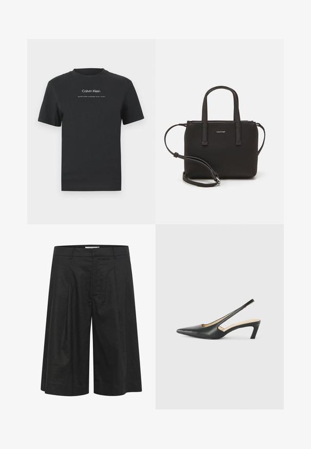 Melna kokvilnas T-kreklā ar apaļu apkakli, īsām piedurknēm un baltu uzdrukātu "Calvin Klein" logotipu un tekstu "Izveidots 1968".; Melni bikses ar brīvu, plašu kāju dizainu, kroku priekšpusi un gludu tekstūru. Izgatavotas no vieglas auduma. Der pie jostas.; Melna, ar smailu purngalu, slingback kurpe ar zemu papēdi, izgatavota no gludas ādas materiāla un ar izgriezumiem sānos gaisa caurlaidībai.; Melns roku soma ar divām īsām rokturiem un noņemamu plecu siksnu. Gluda ādas līdzīga materiāla ar rāvējslēdzēja aizdari un logos detaļu.
