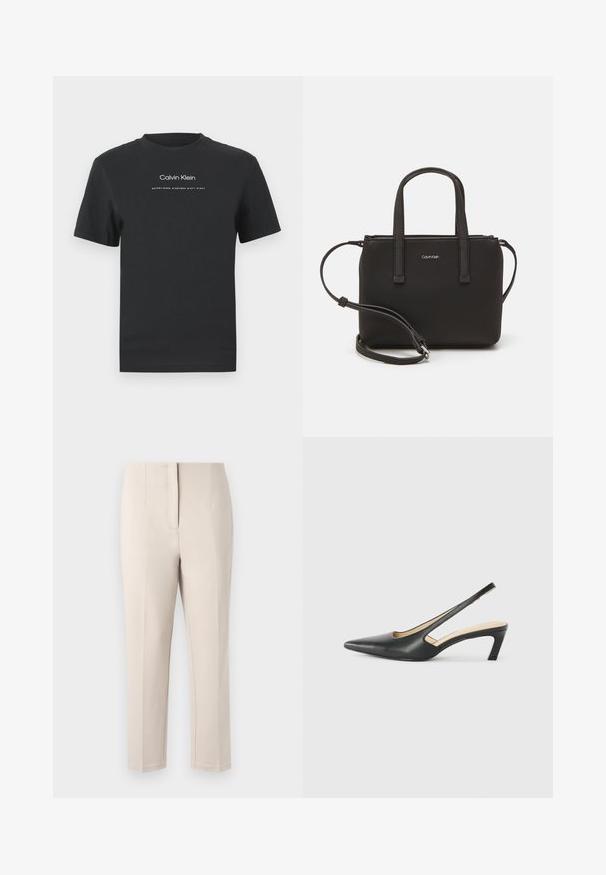 Czarny bawełniany T-shirt z okrągłym dekoltem, krótkimi rękawami i białym nadrukiem logo "Calvin Klein" oraz tekstem "Established 1968".; Beżowe spodnie o dopasowanym kroju, proste nogawki i czystym szwie z przodu. Wykonane z gładkiego materiału o subtelnym połysku, bez widocznych elementów metalowych.; Czarny but na obcasie typu slingback z ostro zakończonym noskiem, z niskim obcasem, wykonany z gładkiej skóry, z wycięciem po boku dla lepszej wentylacji.; Czarna torebka z dwoma krótkimi uchwytami i odpinanym paskiem na ramię. Gładki materiał przypominający skórę, z zamkiem błyskawicznym i detalem z logo.