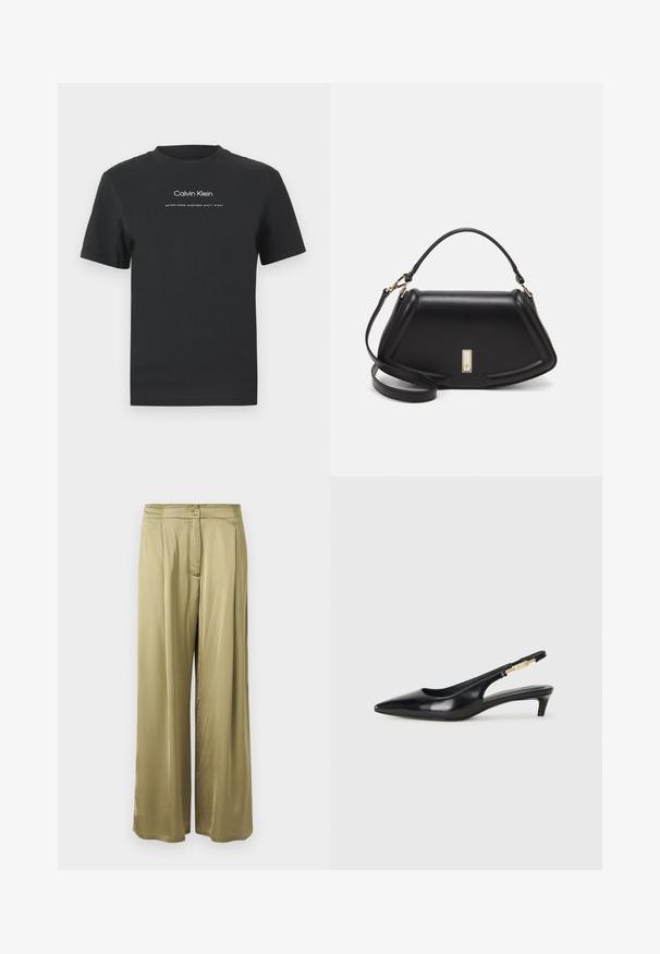 Melna kokvilnas T-kreklā ar apaļu apkakli, īsām piedurknēm un baltu uzdrukātu "Calvin Klein" logotipu un tekstu "Izveidots 1968".; Oliņzaļas, plaša griezuma bikses, izgatavotas no gludas auduma, ar priekšējo pogu aizdari un plisētiem detalizējumiem jostasvietā.; Melnas ādas slingback zābaki ar smailu purngalu, ar šauru papēdi un zelta krāsas akcentu uz regulējama siksniņas. Gluda tekstūra.; Melnas ādas roku soma ar struktūru, ar īsu formu, augšējo rokturi un zelta aksesuāriem. Iekļauta regulējama plecu siksna.