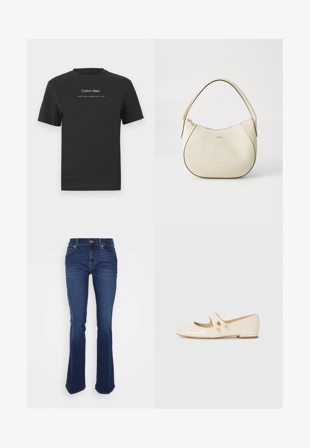 Black cotton T-shirt with a crew neckline, short sleeves, and white printed "Calvin Klein" logo and "Established 1968" text.; Flared blue jeans made of denim, featuring a high waist, front pockets, and contrasting stitching. The fabric has a smooth texture.; Ivory patent leather ballet flats with two decorative straps and gold buttons, featuring a rounded toe and low block heel.; Cream-colored handbag with a textured finish, curved shape, short handle, and gold-tone logo detail. Zipper closure at the top.