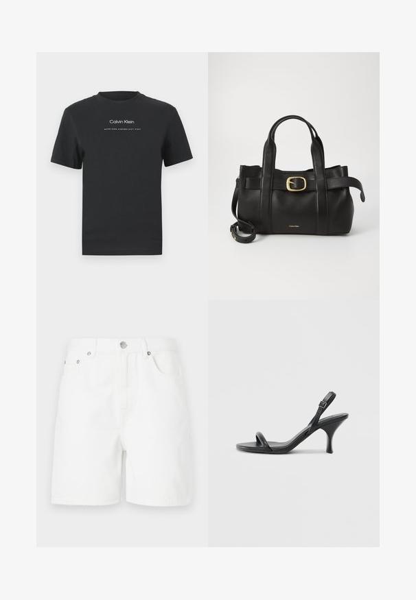 Must musta T-särk, millel on ümmargune kaelus, lühikesed varrukad ja valge trükitud "Calvin Klein" logo ning tekst "Asutatud 1968".; Valged denimpüksid sirge lõikega, millel on esimesed taskud ja nööbikinnitus. Kanga pind on sile ja nähtavad mustrid puuduvad.; Mustad nahast kõrgete kontsadega sandaalid, millel on saledad, kõverad kontsad ja ristatud rihma disain. Reguleeritav pahkluu rihm. Sile tekstuur.; Must mustraga nahkakott, millel on struktureeritud disain, kaks ülemist kanda, kuldse tooni pandla aktsent ja esiküljel embosseeritud brändi logo.