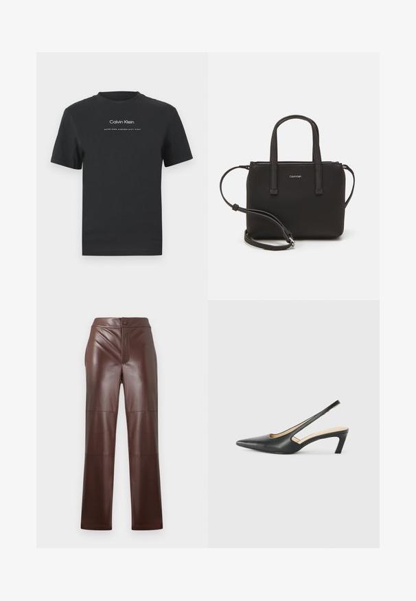Crna pamučna majica s okruglim izrezom, kratkim rukavima i bijelim otisnutim logotipom "Calvin Klein" te tekstom "Osnovano 1968."; Smeđe hlače od umjetne kože s ravnim krojem i glatkom teksturom. Imaju prednji patentni zatvarač i kopčanje na dugme, uz dodatak toniranog šivanja.; Crne cipele s izduženim vrhom i remenom oko pete, s niskom petom, izrađene od glatke kože i s izrezbarenom stranom radi prozračnosti.; Crna torba s dva kratka ručka i uklonjivom naramenicom. Glatki materijal nalik koži s zatvaračem na zatvaranje i detaljem s logom.