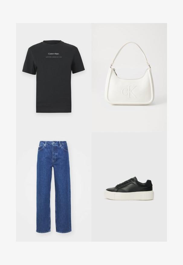 Μαύρη βαμβακερή μπλούζα T-shirt με στρογγυλή λαιμόκοψη, κοντά μανίκια και λευκό εκτυπωμένο λογότυπο "Calvin Klein" καθώς και κείμενο "Established 1968".; Μπλε τζιν παντελόνι με φαρδειά μπάσκα και ψηλή μέση, διαθέτει φερμουάρ και κουμπί κλεισίματος, θηλιές ζώνης και διακριτική φθορά στο ύφασμα.; Μαύρο δερμάτινο sneaker με στρογγυλή μύτη, λευκή πλατφόρμα και μαύρους κορδόνες. Διαθέτει ένα διακριτικό λογότυπο στη φτέρνα και λεία υφή.; Λευκή δερμάτινη τσάντα χειρός με καμπυλωτό σχήμα, διαθέτει ανάγλυφο λογότυπο "CK" μπροστά και μία ενιαία λαβή ώμου. Κλείσιμο με φερμουάρ στην κορυφή.