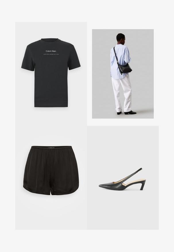 Melna kokvilnas T-kreklā ar apaļu apkakli, īsām piedurknēm un baltu uzdrukātu "Calvin Klein" logotipu un tekstu "Izveidots 1968".; Melni satīna šorti ar elastīgu jostasvietu, piedāvā plektētas formas dizainu. Malas ir noapaļotas, nodrošinot brīvu piegulumu un gludu tekstūru.; Melna, ar smailu purngalu, slingback kurpe ar zemu papēdi, izgatavota no gludas ādas materiāla un ar izgriezumiem sānos gaisa caurlaidībai.; Melna ādas plecu soma ar mīkstu tekstūru, trīsstūra formu un regulējamu siksnu, apvienota ar gaiši zilu svītrotu krekli un baltām biksēm.