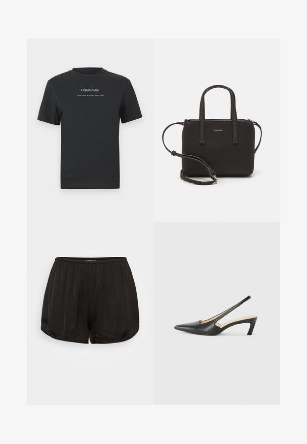 Zwarte katoen T-shirt met een ronde halslijn, korte mouwen en een witte geprinte "Calvin Klein" logo en "Established 1968" tekst.; Zwarte satijnen shorts met een elastische tailleband, met een geplooid ontwerp. De randen zijn afgerond voor een losse pasvorm en een soepele textuur.; Zwarte puntige slingback schoen met een lage hak, gemaakt van soepel leer en voorzien van een uitsnede aan de zijkant voor ventilatie.; Zwarte handtas met dubbele korte handvatten en een afneembare schouderriem. Glad, leerachtig materiaal met een ritssluiting en logo-detail.