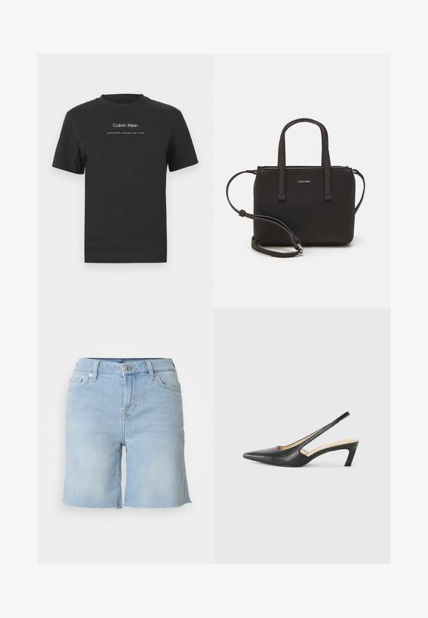 Juodas medvilninis marškinėliai su apvaliu kaklu, trumpomis rankovėmis ir baltu spausdintu "Calvin Klein" logotipu bei tekstu "Įkurtas 1968".; Šviesiai mėlynos džinsinės šortai su tiesaus kirpimo dizainu, mygtukų uždarymu ir suplėšytais kraštais. Yra priekinės kišenės ir klasikinis kirpimas.; Juodas smailus slingback batelis su žemu kulnu, pagamintas iš lygaus odos paviršiaus ir su išpjovomis šone, užtikrinančiomis oro pralaidumą.; Juoda rankinė su dviem trumpais rankenėlėmis ir nuimamu petį. Lygaus odos tipo medžiaga su užtrauktuku ir logotipo detale.