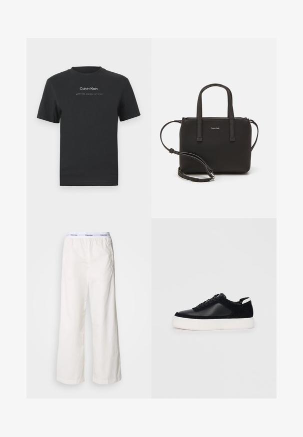 Schwarzes Baumwoll-T-Shirt mit Rundhalsausschnitt, kurzen Ärmeln und weißem Druck des "Calvin Klein" Logos sowie dem Text "Established 1968".; Weiße weite Hosen mit einem elastischen Bund, der ein kontrastierendes Calvin Klein-Logo trägt. Hergestellt aus glattem Stoff bieten sie eine lockere Passform.; Schwarze Sneakers mit glattem Leder und Wildleder-Einsätzen, flachen Schnürsenkeln, runder Zehenpartie und einer weißen Gummisohle. Deutliches Logo an der Ferse.; Schwarze Handtasche mit zwei kurzen, doppelt geflochtenen Griffen und einem abnehmbaren Schulterriemen. Glattes, lederähnliches Material mit einem Reißverschluss und Logodetail.