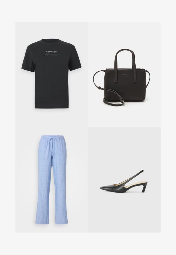 Svart bomulls T-shirt med rund halsringning, korta ärmar och vittryckt "Calvin Klein" logotyp samt texten "Established 1968".; Samsøe Samsøe HOYS STRING TROUSERS - Tygbyxor - mid blue; Svart spetsig slingback-sko med låg klack, som har ett slätt lädermaterial och utskärningsdesign på sidan för andningsförmåga.; Svart handväska med dubbla korta handtag och ett avtagbart axelband. Slät läderliknande material med dragkedjestängning och logodetalj.