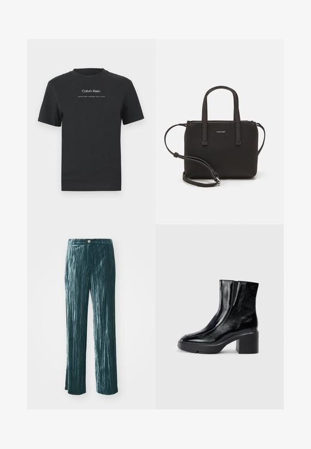 T-shirt en coton noir avec un col rond, des manches courtes, et un logo "Calvin Klein" imprimé en blanc ainsi que le texte "Established 1968".; Pantalons plissés teal au design large, confectionnés dans un tissu brillant, avec des rayures verticales pour la texture et une taille ornée d'un petit accent métallique.; Bottines en cuir verni noir avec un bout arrondi, des panneaux latéraux en élastique et un talon épais. Comprend un logo embossé à l'arrière.; Sac à main noir avec deux poignées courtes et une bandoulière amovible. Matière lisse semblable à du cuir avec une fermeture éclair et un détail de logo.