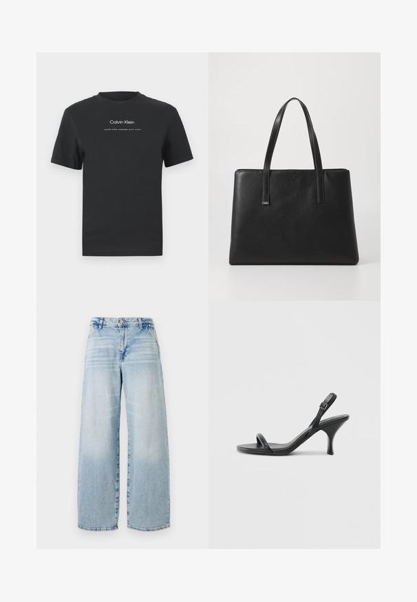 Črna bombažna majica s krožnim izrezom, kratkimi rokavi in belim potiskanjem logotipa "Calvin Klein" ter besedilom "Ustanovljen 1968".; Svijetloplavi traper široki traperice s visokim strukom, suptilnim efektom iznošenja, sirovim rubom i klasičnim dizajnom s pet džepova.; Črne usnjene visoke sandale s tankim, ukrivljenim petam in obliko križanih trakov. Nastavljiv trak okoli gležnja. Gladka tekstura.; Črna usnjena torba s two dolgimi ročaji, pravokotne oblike, teksturirane površine in minimalističnega dizajna. Brez vidne strojne opreme ali dodatkov.