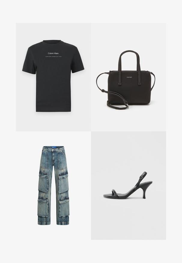 Melna kokvilnas T-kreklā ar apaļu apkakli, īsām piedurknēm un baltu uzdrukātu "Calvin Klein" logotipu un tekstu "Izveidots 1968".; Zilās denima kravas bikses ar brīvu piegriezumu, kas aprīkotas ar vairākiem lieliem kabatām, ar rāvējslēdzēju un nedaudz izbalējušu tekstūru, lai radītu nolietota izskata efektu.; Melnas ādas augstpapēžu sandales ar plānu, izliekta formas papēdi un krustenisku siksnu dizainu. Regulējama potītes siksna. Gluda tekstūra.; Melns roku soma ar divām īsām rokturiem un noņemamu plecu siksnu. Gluda ādas līdzīga materiāla ar rāvējslēdzēja aizdari un logos detaļu.