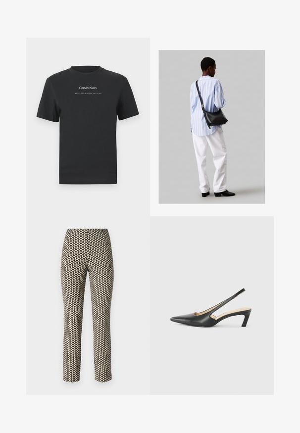 Black cotton T-shirt with a crew neckline, short sleeves, and white printed "Calvin Klein" logo and "Established 1968" text.; Patterned trousers with a fitted design, featuring a black background and small beige heart shapes. Material appears smooth and flexible.; Black pointy-toed slingback shoe with a low heel, featuring smooth leather material and cut-out design on the side for breathability.; Black leather shoulder bag with a soft texture, triangular shape, and adjustable strap, paired with a light blue striped shirt and white pants.