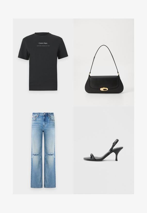 Melna kokvilnas T-kreklā ar apaļu apkakli, īsām piedurknēm un baltu uzdrukātu "Calvin Klein" logotipu un tekstu "Izveidots 1968".; Gai zilo džinsu bikses ar augstu jostasvietu, platu kāju piegriezumu, nolietojuma detaļām ceļos un maigu izbalēšanu visā audumā.; Melnas ādas augstpapēžu sandales ar plānu, izliekta formas papēdi un krustenisku siksnu dizainu. Regulējama potītes siksna. Gluda tekstūra.; Melna ādas rokassoma ar izliekta dizaina elementiem, zelta krāsas detaļām un augšējo rokturi. Iezīmējas ar elegantu aizdari un gludu faktūru.