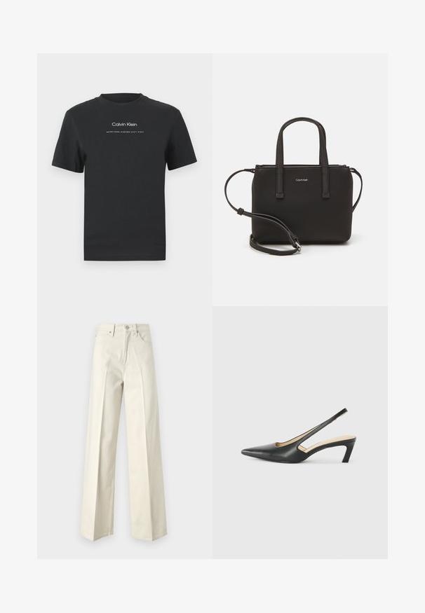 Czarny bawełniany T-shirt z okrągłym dekoltem, krótkimi rękawami i białym nadrukiem logo "Calvin Klein" oraz tekstem "Established 1968".; Jeans o szerokich nogawkach w off-white denimie bawełnianym. Posiadają wysoki stan, zapięcie na guziki z przodu oraz klasyczny pięciopocketowy krój z minimalnym przeszyciem.; Czarny but na obcasie typu slingback z ostro zakończonym noskiem, z niskim obcasem, wykonany z gładkiej skóry, z wycięciem po boku dla lepszej wentylacji.; Czarna torebka z dwoma krótkimi uchwytami i odpinanym paskiem na ramię. Gładki materiał przypominający skórę, z zamkiem błyskawicznym i detalem z logo.