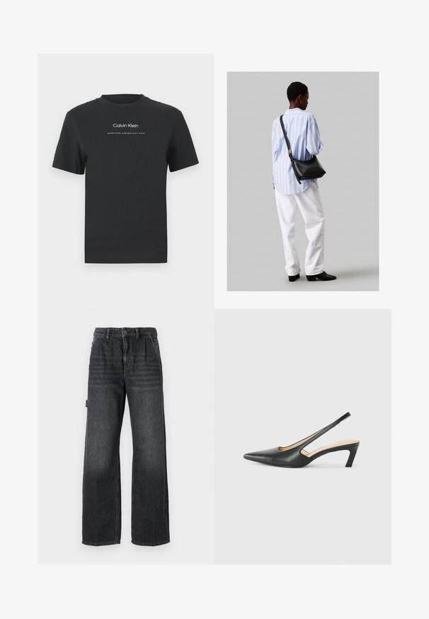 Musta puuvillainen T-paita, jossa on pyöreä pääntie, lyhyet hihat ja valkoinen painettu "Calvin Klein" -logo sekä "Established 1968" -teksti.; Leveälahkeiset farkut tummansinisestä denimistä, joissa on korkea vyötärö, etutaskut ja hienovarainen kulutusvaikutus reisissä. Kontrastivärinen ommelkoristelu.; Musta, kärjeltään terävä slingback-kengä, jossa on matala korko. Kengässä on sileä nahkamateriaali ja sivuilla leikkaukset hengittävyyttä varten.; Musta nahkainen olkalaukku, jossa on pehmeä rakenne, kolmion muoto ja säädettävä hihna, yhdistettynä vaaleansiniseen raidalliseen paitaan ja valkoisiin housuihin.