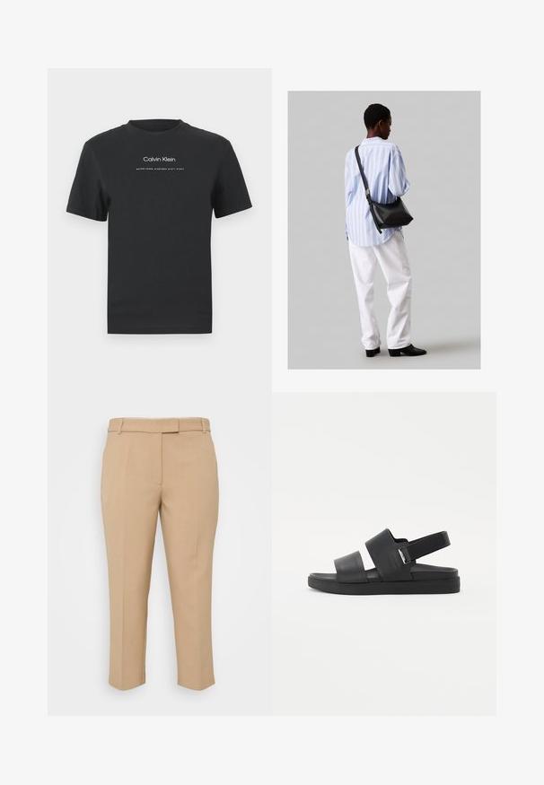 Fekete pamut póló kerek nyakkivágással, rövid ujjakkal, fehér nyomott "Calvin Klein" logóval és "Established 1968" felirattal.; Beige színű, egyenes vonalú, testre szabott nadrág közepes magasságú derékkal és oldalsó zsebekkel. Sima textúra, éles redőkkel és bokáig érő, felhajtható szegéllyel.; Fekete szandál, amely két széles pánttal, egy sarokpánttal és vastag talppal rendelkezik. Simább anyagból készült, matt felülettel.; Fekete bőr válltáska puha tapintással, háromszög alakú, állítható pánttal, világoskék csíkos inggel és fehér nadrággal párosítva.