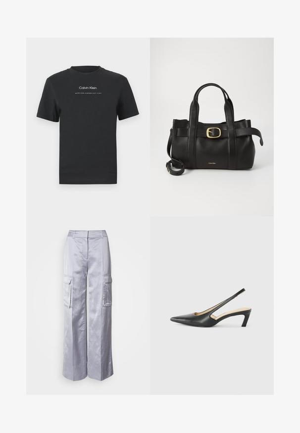 Svart bomull T-skjorte med rund hals, korte ermer, og hvit trykt "Calvin Klein" logo og tekst "Etablert 1968".; Lys grå vide ben cargo bukser laget av glatt stoff, med sidelommer, skreddersydd livlinje og ingen synlige lukkinger eller glidelåser.; Svart spiss tå slingback-sko med lav hæl, laget av jevnt skinnmateriale og med utskåret design på siden for pusteevne.; Svart lærveske med en strukturert design, doble topphåndtak, gullfarget spenneakent og preget merke-logo foran.