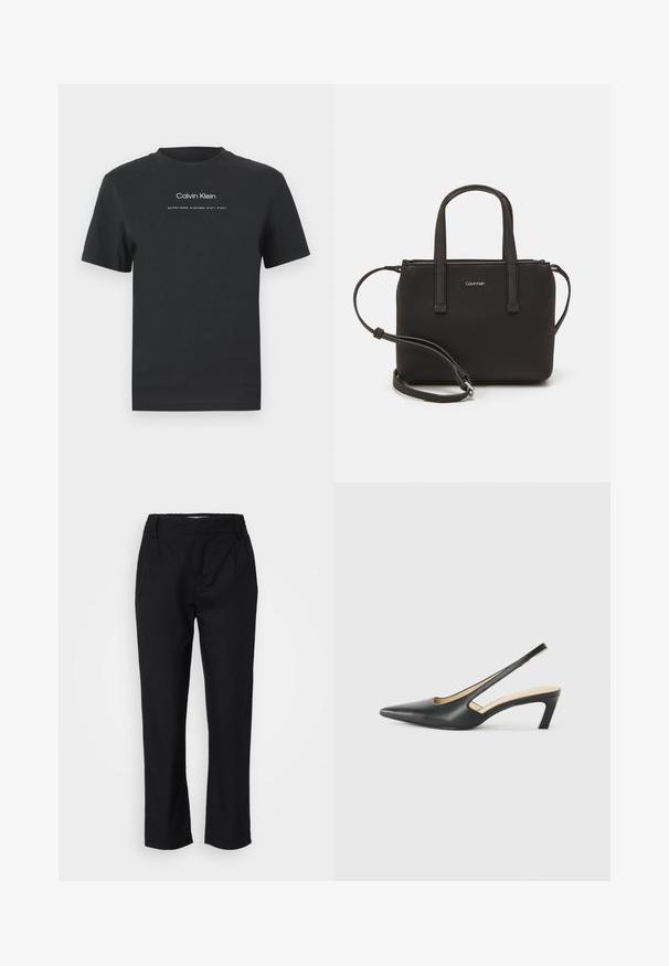 Black cotton T-shirt with a crew neckline, short sleeves, and white printed "Calvin Klein" logo and "Established 1968" text.; Black trousers in a smooth fabric, featuring a straight-leg cut, front pleats, and an elastic waistband for comfort. No visible hardware.; Black pointy-toed slingback shoe with a low heel, featuring smooth leather material and cut-out design on the side for breathability.; Black handbag with dual short handles and a removable shoulder strap. Smooth leather-like material with a zip closure and logo detail.