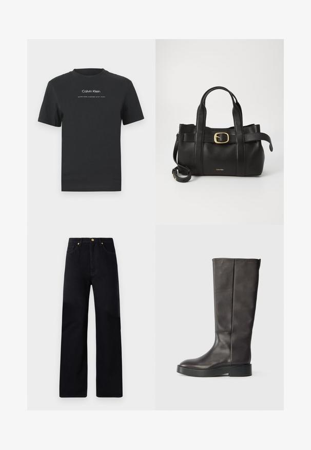 Black cotton T-shirt with a crew neckline, short sleeves, and white printed "Calvin Klein" logo and "Established 1968" text.; Black denim trousers with a straight-leg fit, featuring a high waist, five pockets, golden hardware, and subtle stitching details.; Black knee-high leather boot with thick sole and subtle Calvin Klein logo near the top edge, shown from the side.; Black leather handbag featuring a structured design, dual top handles, gold-tone buckle accent, and embossed brand logo at the front.