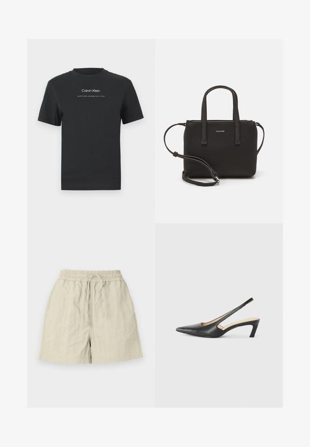 Crna pamučna majica s okruglim izrezom, kratkim rukavima i bijelim otisnutim logotipom "Calvin Klein" te tekstom "Osnovano 1968."; Svijetlosmeđi šorts od teksturirane tkanine s elastičnom sredinom i vezicom, koja ima bočne džepove i ležeran kroj.; Crne cipele s izduženim vrhom i remenom oko pete, s niskom petom, izrađene od glatke kože i s izrezbarenom stranom radi prozračnosti.; Crna torba s dva kratka ručka i uklonjivom naramenicom. Glatki materijal nalik koži s zatvaračem na zatvaranje i detaljem s logom.